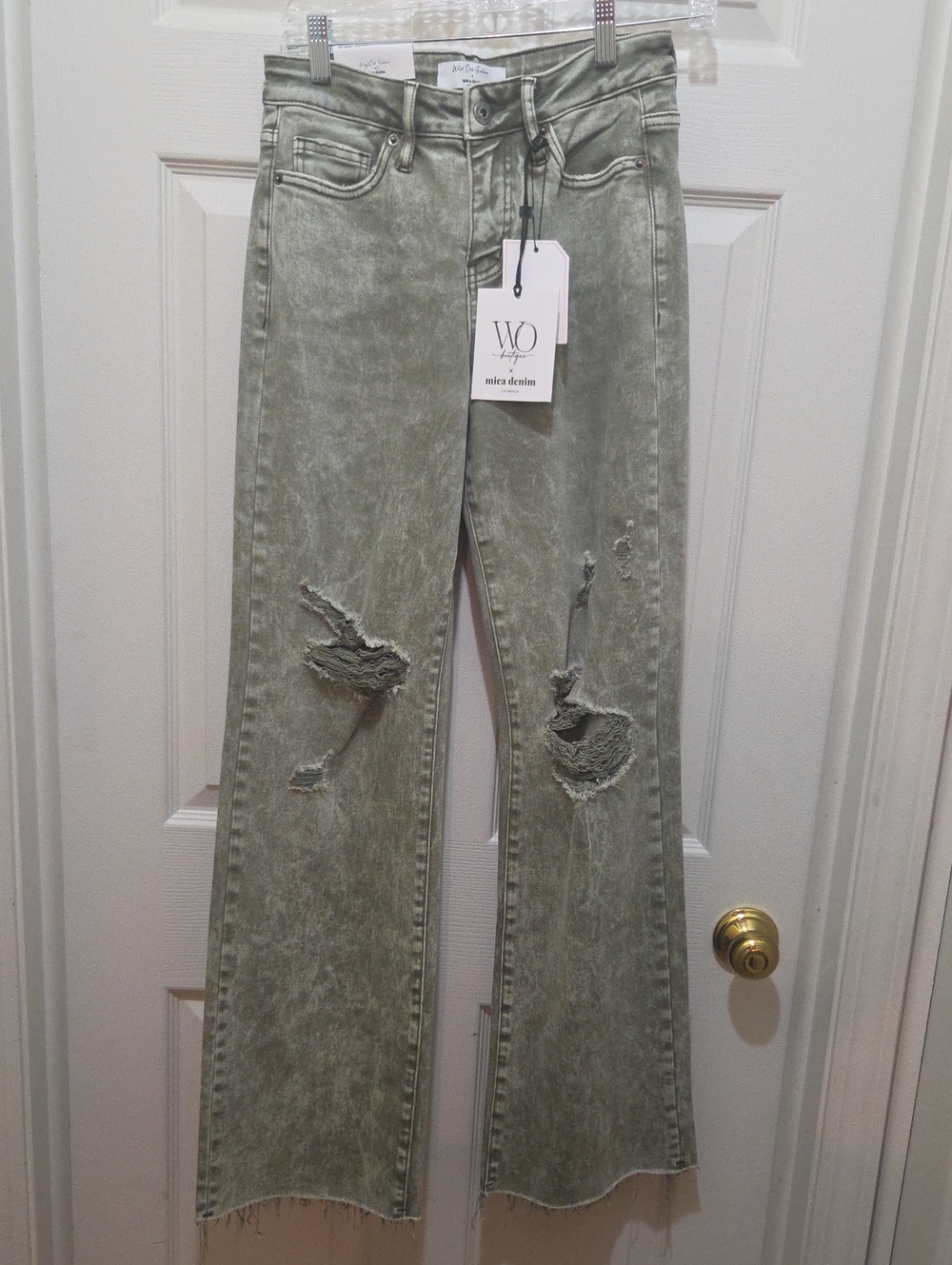 W/O Mica Denim Women's Olive Distressed Flare Jeans